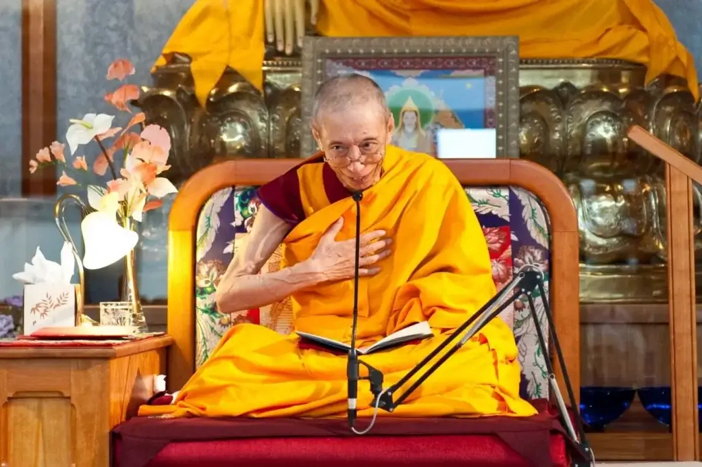 Buddhist meditation master Ven Geshe Kelsang Gyatso teaching in the Kadampa Temple at Manjushri Center