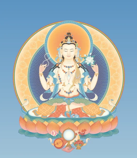 Avalokiteshvara-4-armed-2-with-offerings-and-background