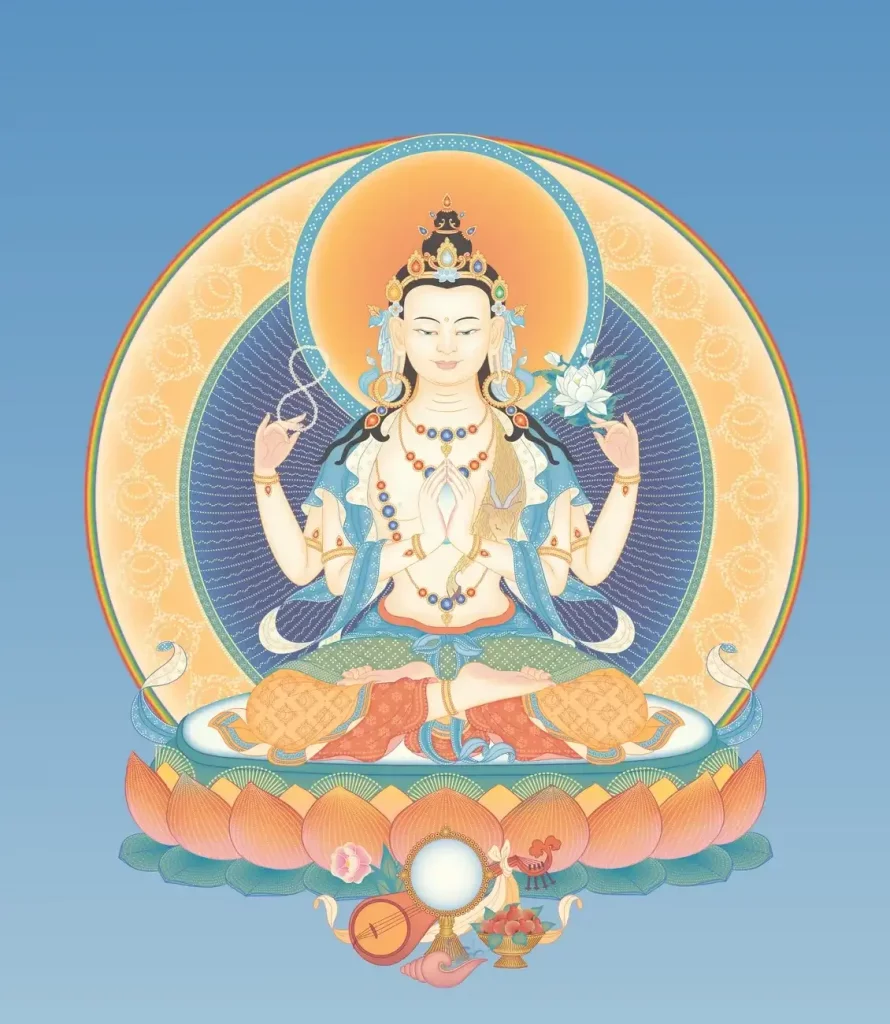 Avalokiteshvara-4-armed-2-with-offerings-and-background