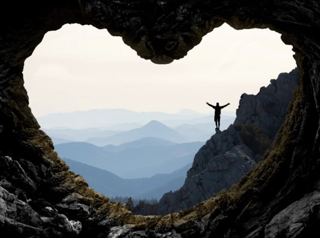 Landscape with faraway misty hills viewed from a heart shaped cave