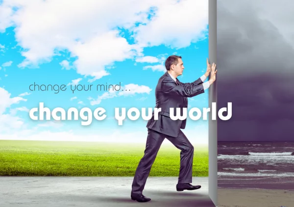a man in a suit pushing away grey sky to reveal bright sunshine