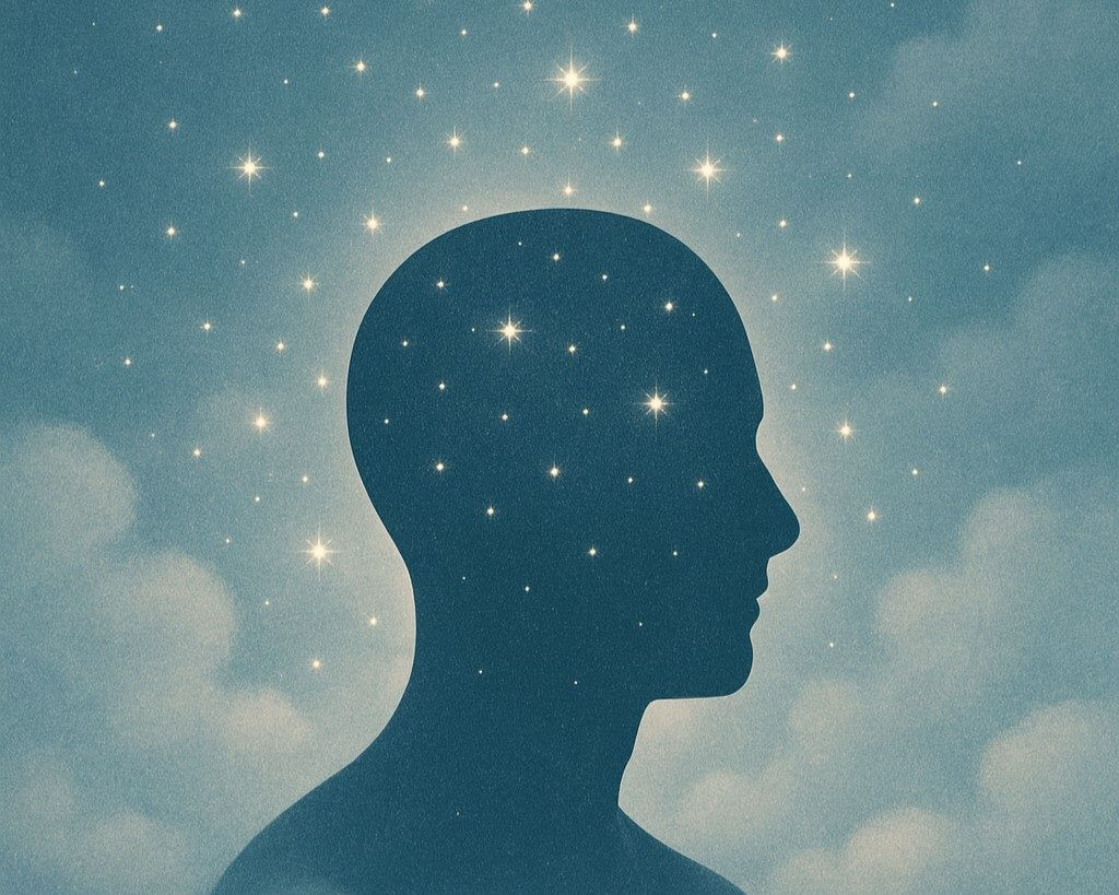 a silhouette of a head against a sky with stars and clouds